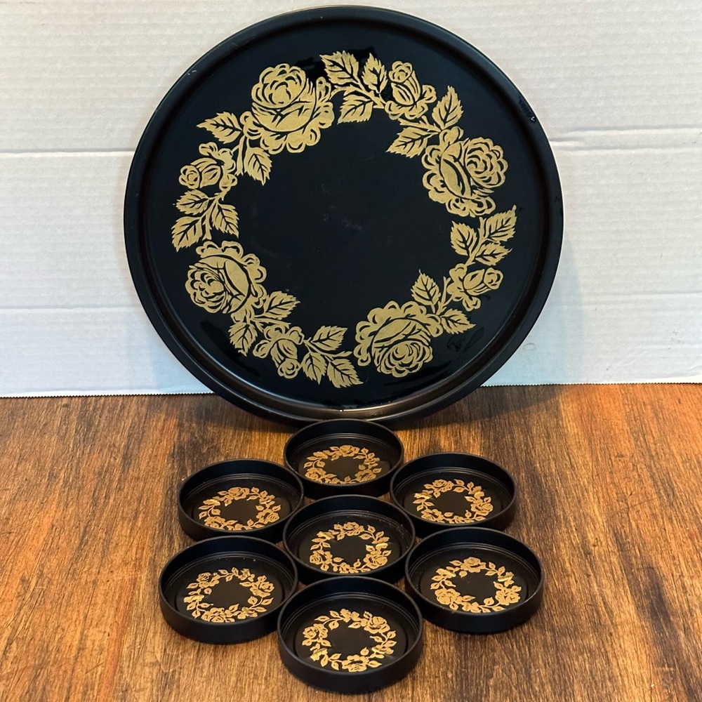 Vintage MCM Arnold Constable Fifth Avenue New York Black Gold Tray Coasters RARE